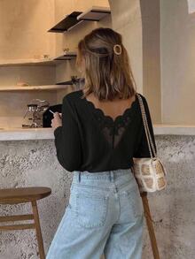 SHEIN Frenchy Lace Spliced Long Sleeve Waffle Fabric T-Shirt Winter Black Casual Spring - Black - View 3