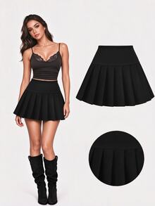 Sweetra Solid Color Casual Pleated Skirt - Black - View 3