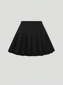 Sweetra Solid Color Casual Pleated Skirt - Black - View 1