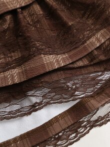 Sweetra Women's Brown Plaid Contrast Lace Trim Design Vintage Sexy Hot Girl Style A-Line Puff Skirt - Brown - View 6