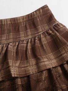 Sweetra Women's Brown Plaid Contrast Lace Trim Design Vintage Sexy Hot Girl Style A-Line Puff Skirt - Brown - View 4