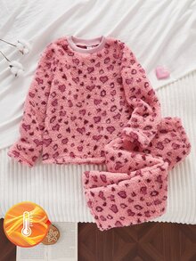 Genkimix Kids 女童可愛簡約粉色豹紋水波紋法蘭絨愛心長袖褲子2件套 絨毛長袖居家服，保暖舒適面料，最適合女童的禮物，適用於秋冬、居家休閒、假日派對與家庭穿搭 - 粉色 - 查看 4