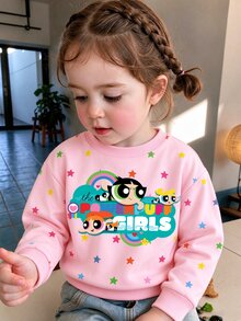 THE POWERPUFF GIRLS X SHEIN Baby Girl Cartoon Print Long Sleeve Sweatshirt Cute Loose Fit - Pink - View 5