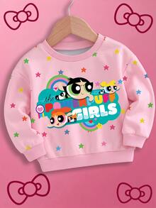 THE POWERPUFF GIRLS X SHEIN Baby Girl Cartoon Print Long Sleeve Sweatshirt Cute Loose Fit - Pink - View 1