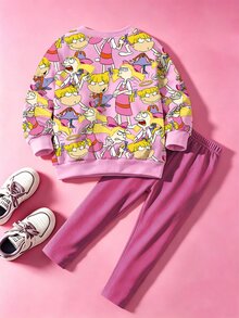 Nick 90s | SHEIN 女嬰 2 件套，卡通印花 Y2K 街頭風，圓領上衣與愛心長褲，適合秋季日常穿著 - 粉色 - 查看 2