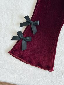 SHEIN 2件組幼女上衣＋喇叭褲，甜美優雅酒紅色天鵝絨蝴蝶結飾邊長袖小高領休閒套裝，秋季節日芭蕾風素色 - 酒紅色 - 查看 7