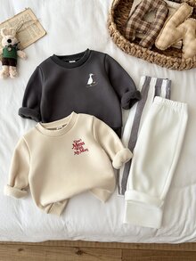 2件組 幼兒男嬰運動衫長褲套裝 甜美灰色米色白色鴨子字母印花 側條紋 長袖圓領 常規款 假日秋季活動穿著 - 彩色 - 查看 6