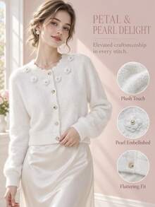 SHEIN Girls' Soft Faux Sweater Jacket, Single-Breasted Design, 3D Flower Decoration On Collar, Cute Matching, Fall, Formal Mommy Daughter White - White - View 8