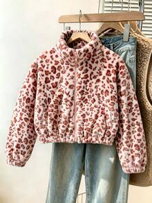 SHEIN 女童冬季粉色豹紋抓絨外套，彈性袖口與口袋，加厚抓絨，寬鬆版型，適合室內外公園校園街頭穿搭，可愛風格 - 彩色 - 查看 5