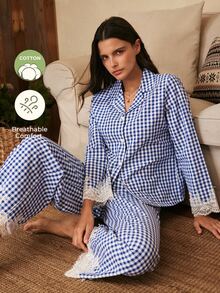 Lullawish Women's Casual Home & Vacation Cotton Plaid Lace Lapel Long Sleeve Long Pants Pajama Set - Burgundy - View 8