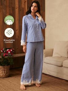 Lullawish Women's Casual Home & Vacation Cotton Plaid Lace Lapel Long Sleeve Long Pants Pajama Set - Burgundy - View 1