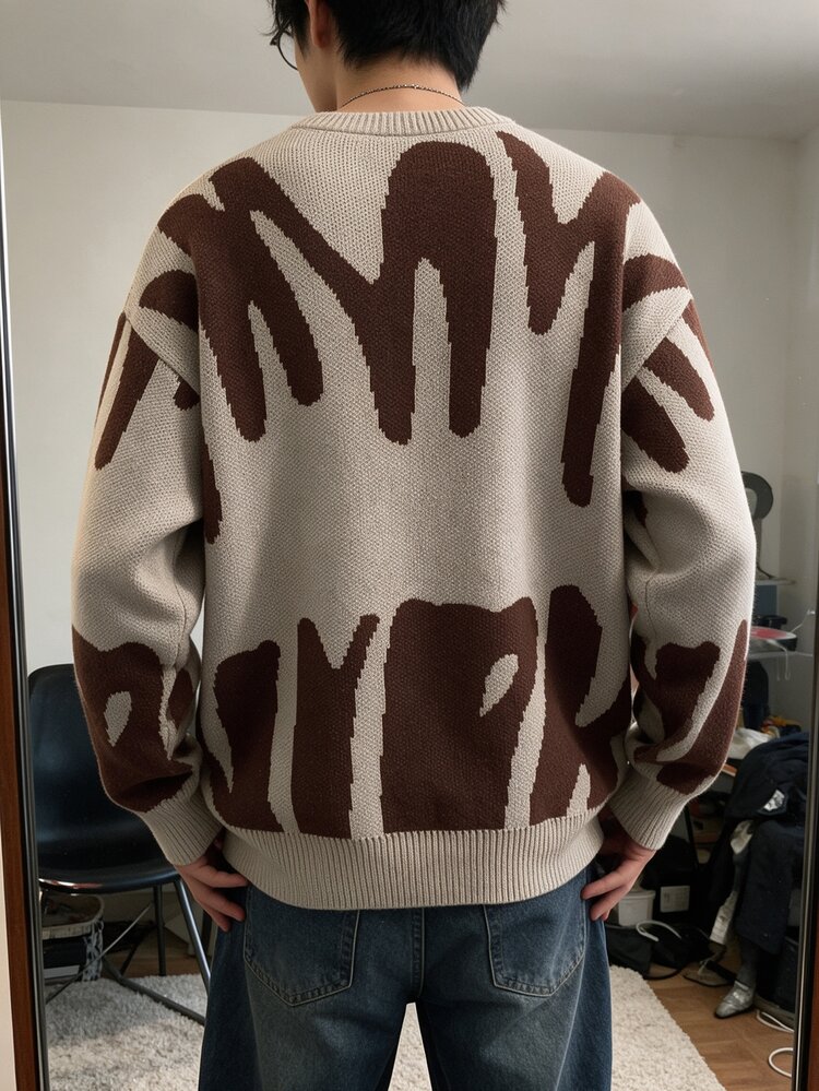 Manfinity Hypemode Men's Casual Letter Graphic Crew Neck Long Sleeve Sweater, Autumn/Winter - Mocha Brown - View 2