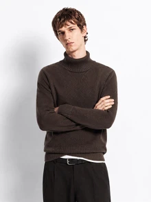 RONVEXI Men's Casual Modest Solid Color Dark Brown Turtleneck Thermal Lined Sweater Old Money Thanksgiving / Fall Daily Outings Beach Vacation - Brown - View 1