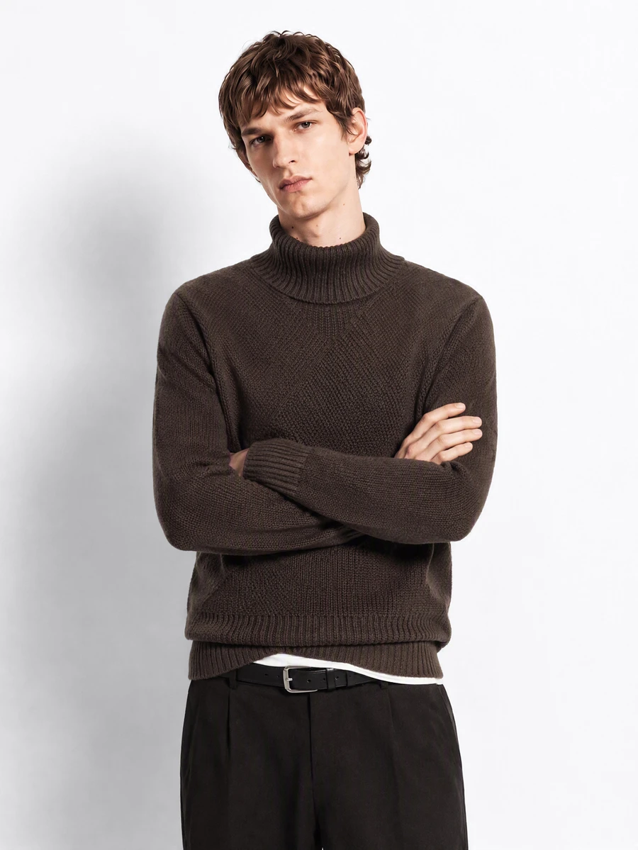 RONVEXI Men's Casual Modest Solid Color Dark Brown Turtleneck Thermal Lined Sweater Old Money Thanksgiving / Fall Daily Outings Beach Vacation - Brown - View 1