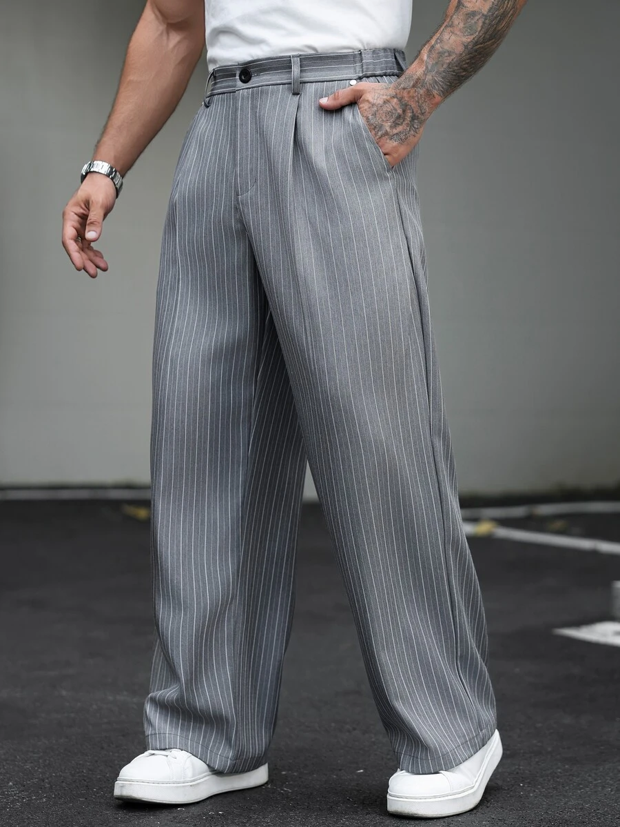 SLATEMANN Men's Grey Vertical Striped Wide Leg Pants, Vintage Pleated Loose Casual Long Pants, Slouchy Straight Leg Floor-Length Commuter Versatile Trousers - Grey - View 1