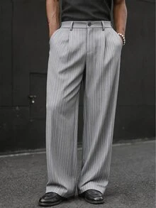 SLATEMANN Men's Grey Vertical Striped Wide Leg Pants, Vintage Pleated Loose Casual Long Pants, Slouchy Straight Leg Floor-Length Commuter Versatile Trousers - Grey - View 5