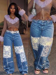BriallanyX BriallanyX Women's Patchwork Floral Pattern Pocket Casual Denim Wide Leg Pants - Blue - View 3