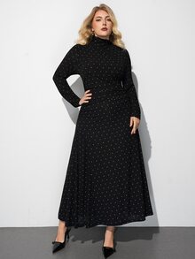 Maija Plus Size Women's Polka Dot Pleated Casual Party Dress - Black - View 3