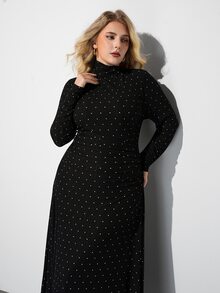 Maija Plus Size Women's Polka Dot Pleated Casual Party Dress - Black - View 1