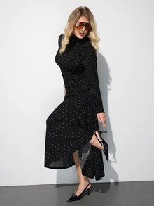 Maija Plus Size Women's Polka Dot Pleated Casual Party Dress - Black - View 5