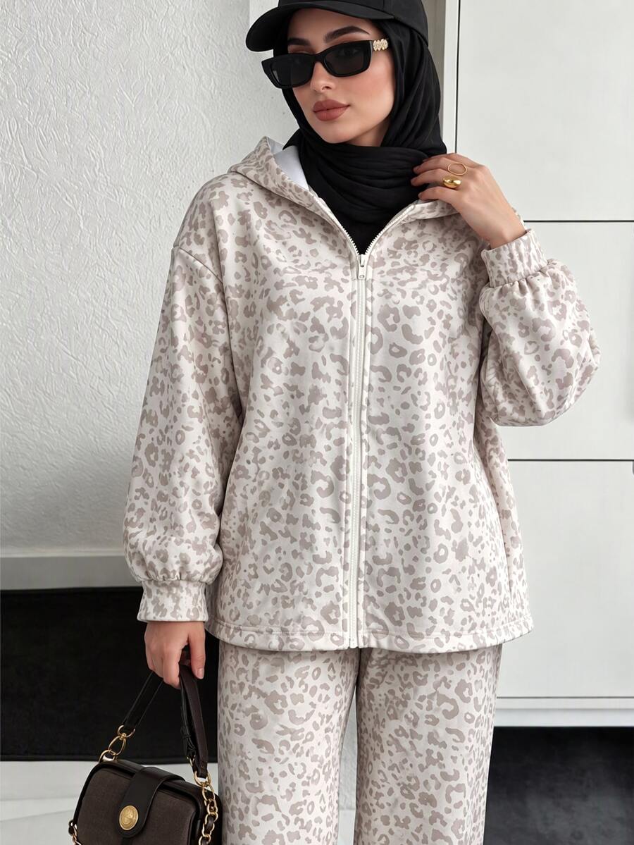 Solavon Women's Leopard Print Hooded Top And Pants Casual Daily 2 Pieces Set - Multicolor - View 1