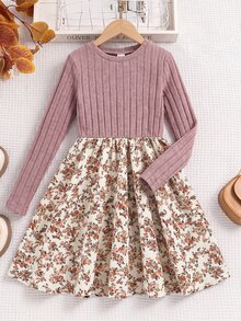 SHEIN Tween Girl Spring Autumn Winter Casual Elegant Vacation Knit Ribbed Patchwork Woven Small Ditsy Floral Round Neck Long Sleeve Dress, Suitable For Daily Wear, Autumn Winter Layering, Vacation Outfit - Pink - View 2