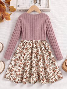 SHEIN Tween Girl Spring Autumn Winter Casual Elegant Vacation Knit Ribbed Patchwork Woven Small Ditsy Floral Round Neck Long Sleeve Dress, Suitable For Daily Wear, Autumn Winter Layering, Vacation Outfit - Pink - View 4
