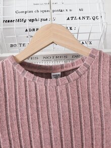 SHEIN Tween Girl Spring Autumn Winter Casual Elegant Vacation Knit Ribbed Patchwork Woven Small Ditsy Floral Round Neck Long Sleeve Dress, Suitable For Daily Wear, Autumn Winter Layering, Vacation Outfit - Pink - View 6