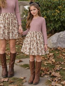 SHEIN Tween Girl Spring Autumn Winter Casual Elegant Vacation Knit Ribbed Patchwork Woven Small Ditsy Floral Round Neck Long Sleeve Dress, Suitable For Daily Wear, Autumn Winter Layering, Vacation Outfit - Pink - View 1