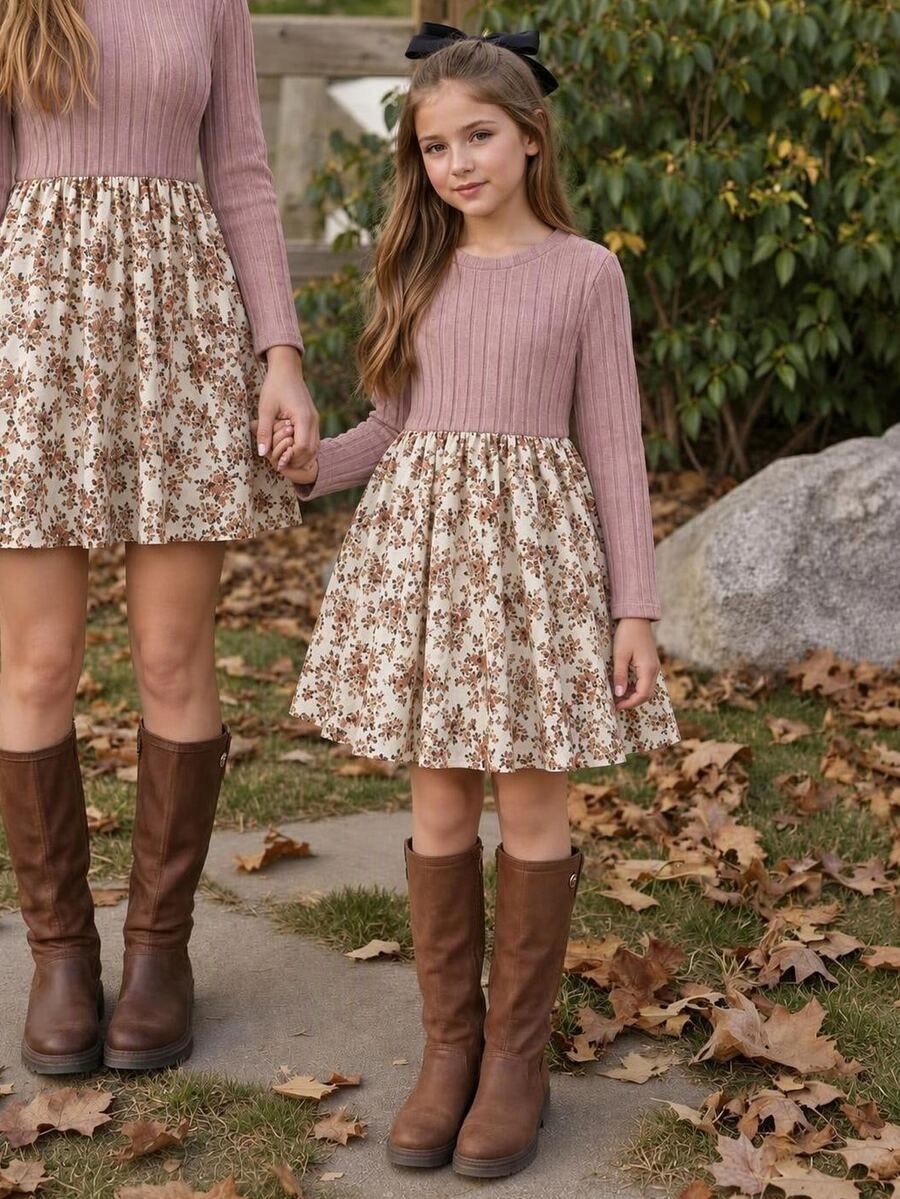 SHEIN Tween Girl Spring Autumn Winter Casual Elegant Vacation Knit Ribbed Patchwork Woven Small Ditsy Floral Round Neck Long Sleeve Dress, Suitable For Daily Wear, Autumn Winter Layering, Vacation Outfit - Pink - View 1