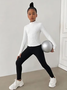 青少年女孩針織黑白立領拉鍊修身休閒運動服套裝，附內搭緊身褲，學院風運動套裝 - 黑與白 - 查看 3