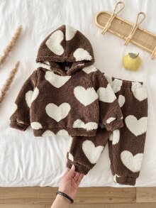 SHEIN Baby Girl Knitted Heart Pattern Faux Fur Hooded Long Autumn Winter Pants Casual Sweatshirt Set 2 Pieces - Brown - View 4