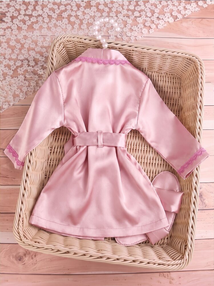 SHEIN Newborn Baby Girl Pink Satin Lace Trim Loungewear Pajamas - Pink - View 2