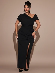 Gossip Girl X SHEIN SHEIN BAE CURVE Plus Size Women Black Asymmetrical Ruched Slit Dress,Halloween, Christmas, Elegant, Sexy Party, And Birthday Party Dresses, - Black - View 8