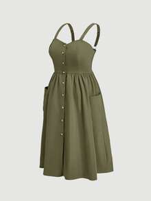 SHEIN MOD Vestido camisola de verano casual de talla grande, color liso, con botones delanteros y bolsillos - Verde militar - Ver 5