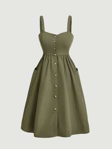 SHEIN MOD Vestido camisola de verano casual de talla grande, color liso, con botones delanteros y bolsillos - Verde militar - Ver 3