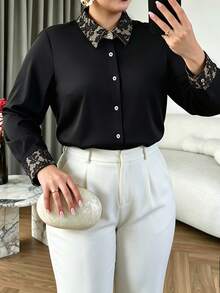 Cravure Plus Size Women's Autumn/Winter Lace Patchwork Contrast Color Elegant Commuter Casual Blouse Fall - Black - View 4