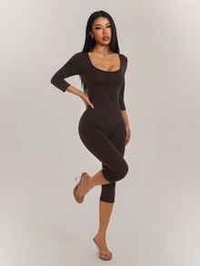 SHEIN PETITE Women's Solid Color Casual Sexy Daily Wear Jumpsuit Gym Pilates Dark Brown Fall - Coffee Brown - View 5