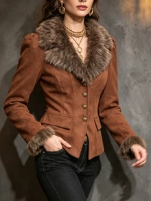 LUMIGAL Women's Plush Patchwork Casual Versatile Daily Wear Long Sleeve Jacket - Brown - View 5