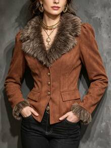 LUMIGAL Women's Plush Patchwork Casual Versatile Daily Wear Long Sleeve Jacket - Brown - View 4