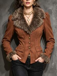 LUMIGAL Women's Plush Patchwork Casual Versatile Daily Wear Long Sleeve Jacket - Brown - View 6