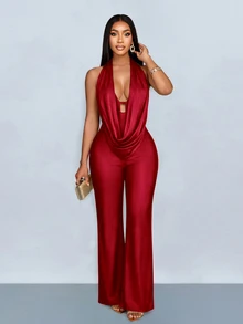 SOLERSUN Women's Dark Red Jumpsuit, Sexy Elegant, Ruffled Neck, Knit Fabric, Simple Design, Christmas New Year, Date Dinner Party, Christmas Women's Clothing - Burgundy - View 9