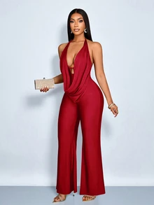 SOLERSUN Women's Dark Red Jumpsuit, Sexy Elegant, Ruffled Neck, Knit Fabric, Simple Design, Christmas New Year, Date Dinner Party, Christmas Women's Clothing - Burgundy - View 6