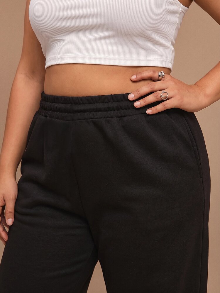 SHEIN Tall CURVE Plus Size Women's Solid Color Drawstring Waist Wide Leg Loose Casual Streetwear Sweatpants Home Birthday Black Winter - Black - View 4