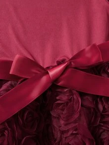 SHEIN 秋冬季青少年女孩優雅設計紋理羅紋長袖珍珠裝飾圓領蓬鬆3D玫瑰下擺洋裝，適合假日派對、聚會與晚餐 - 酒紅色 - 查看 3