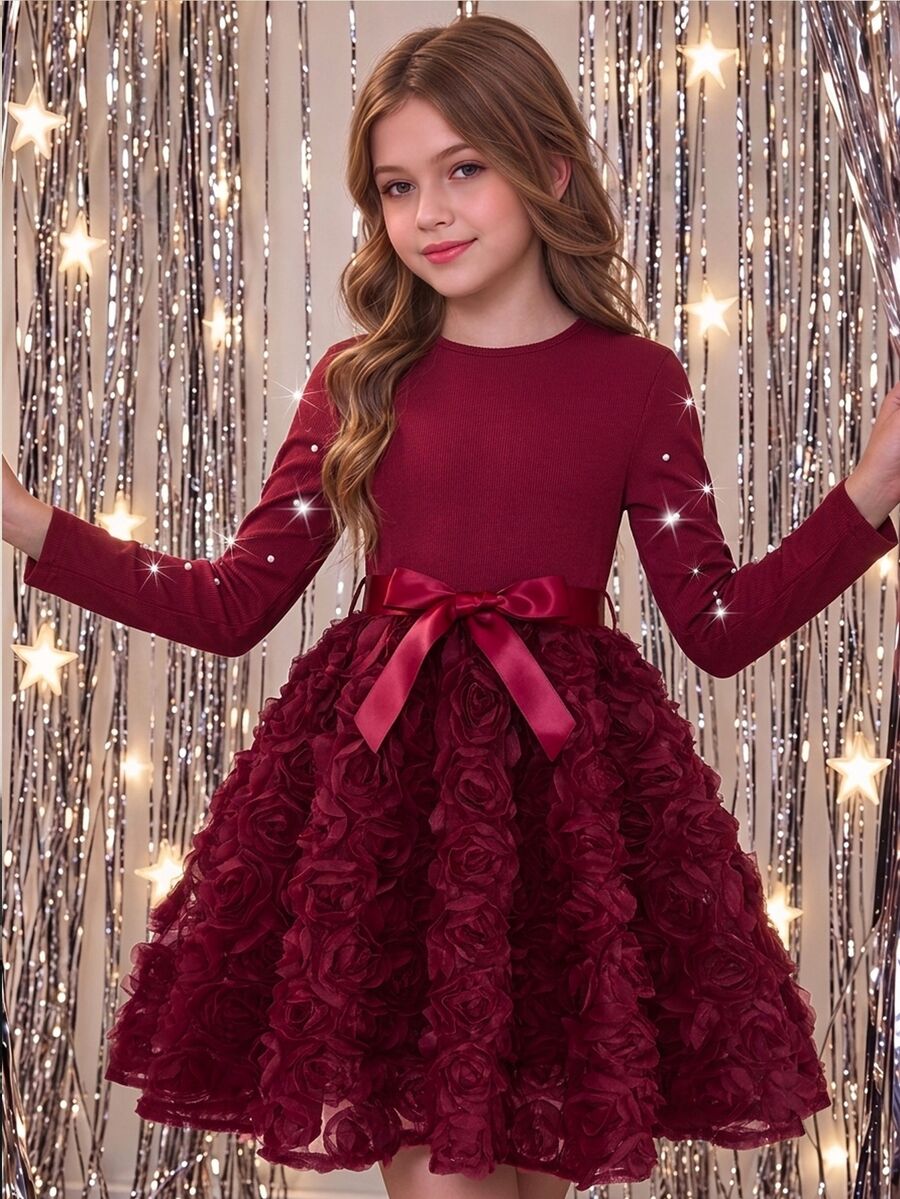 SHEIN 秋冬季青少年女孩優雅設計紋理羅紋長袖珍珠裝飾圓領蓬鬆3D玫瑰下擺洋裝,適合假日派對、聚會與晚餐 - 酒紅色 - 查看 1