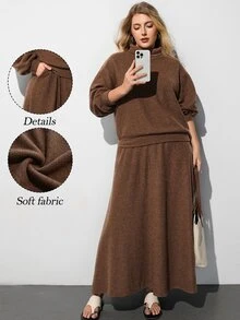 Maija Women's Plus Size 2 Pieces Set With High Neck Long Sleeve Top And Long Skirt Fall Lounge Home Brown Casual Flapper 1920s - Brown - View 8