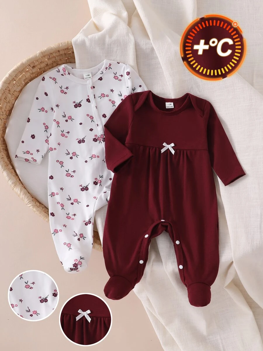 Newborn 2 Pieces Set Soft Comfortable Fresh Cute Floral Print Casual Minimalist Long Sleeve Footed Jumpsuit Loungewear - Multicolor - View 1