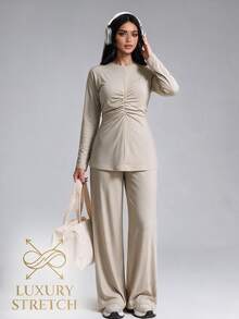 Solavon Women's Solid Color Pleated Long Sleeve Top And Pants Casual Daily Sports Set - Khaki - View 3