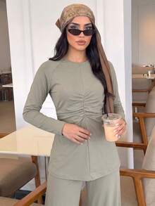 Solavon Women's Solid Color Pleated Long Sleeve Top And Pants Casual Daily Sports Set - Khaki - View 12